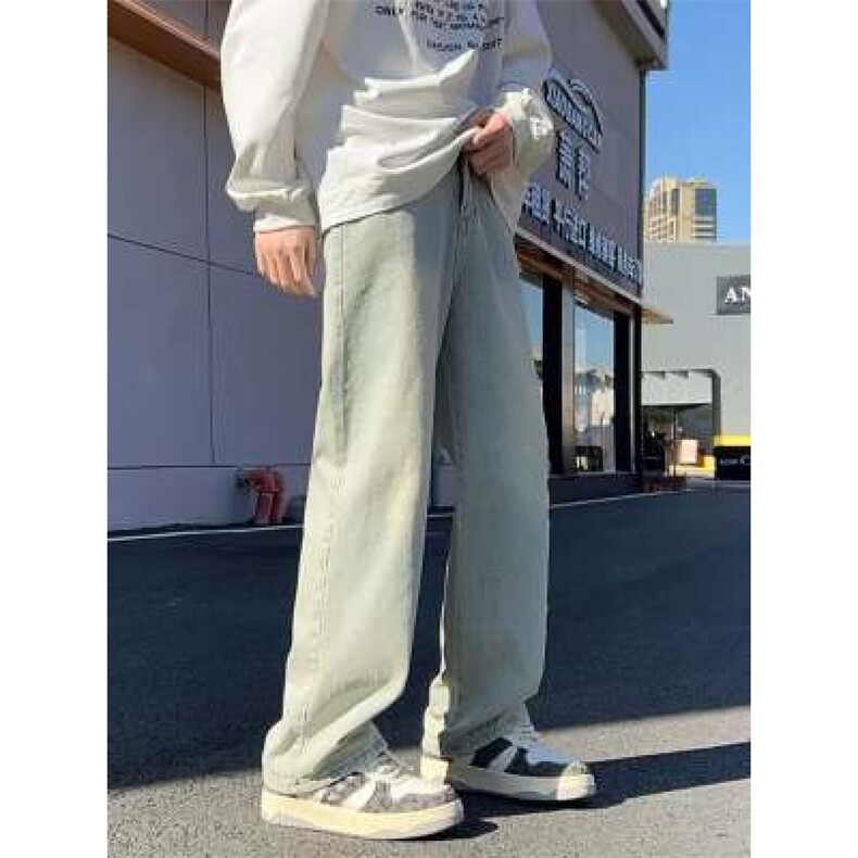 美式高街黄泥色牛仔裤男春秋新款刺绣潮牌宽松直筒百搭长裤子,男装牛仔裤,四季星座505