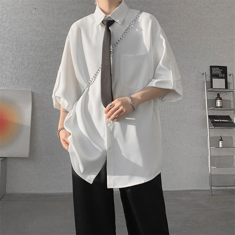 M-8XL领带衬衫短袖特大码垂坠感夏季冰丝外套DK制服衬衣DC5005P45,男装衬衫,电商B238