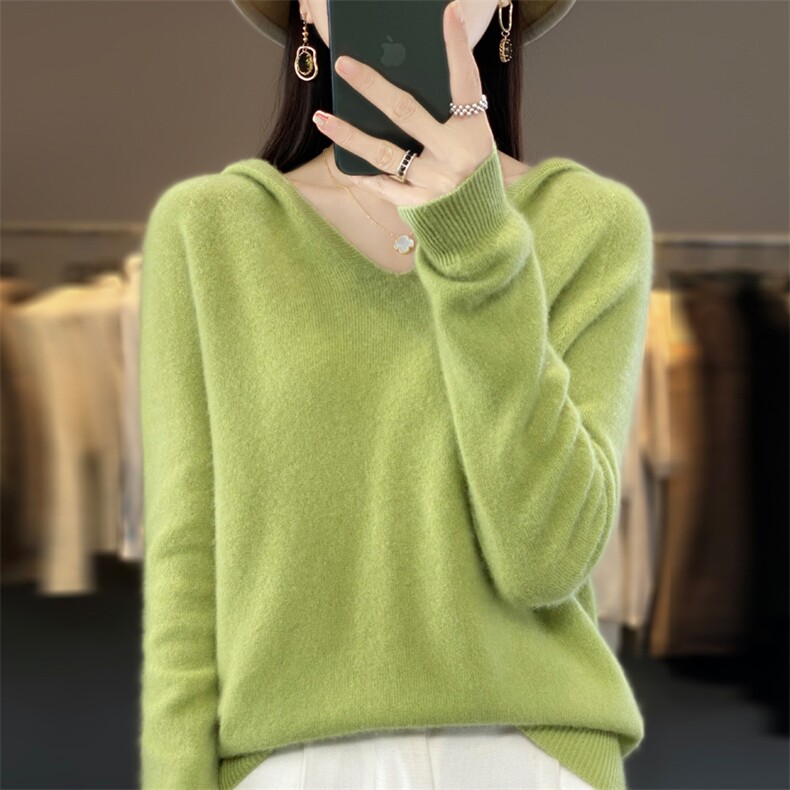 2025新款连帽女V领带帽毛衣宽松卫衣针织打底帽衫,女装羊毛衫,大美人高端店