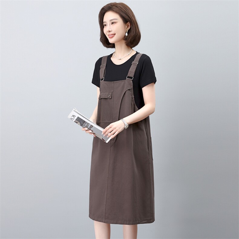 背带裙女夏季2025新款宽松大码胖mm遮肉显瘦短袖T恤两件套装裙子,女装套装/套裙,简韵佳