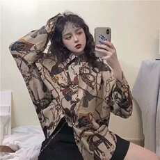 韩ins复古百搭链子印花衬衫男女潮原宿港风宽松长袖日系花衬衣，男装衬衫，星座506A