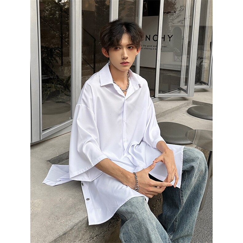 新款纯色侧边排扣开叉小众男女短袖衬衫A071-C17-P35,男装衬衫,电商A071