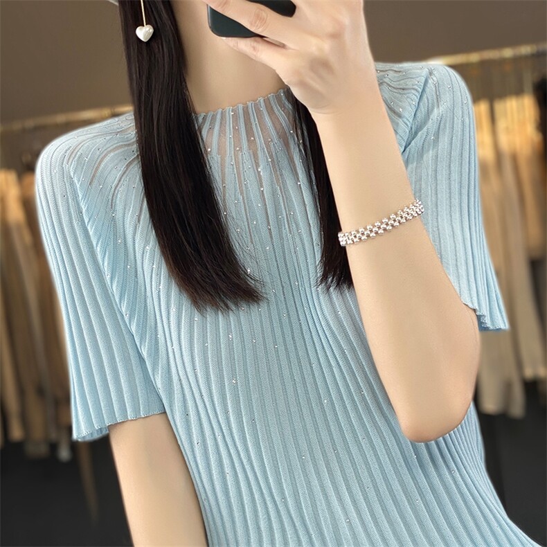 时尚洋气亮片薄款羊毛针织衫短袖女夏季宽松半袖套头T恤冰丝上衣图片