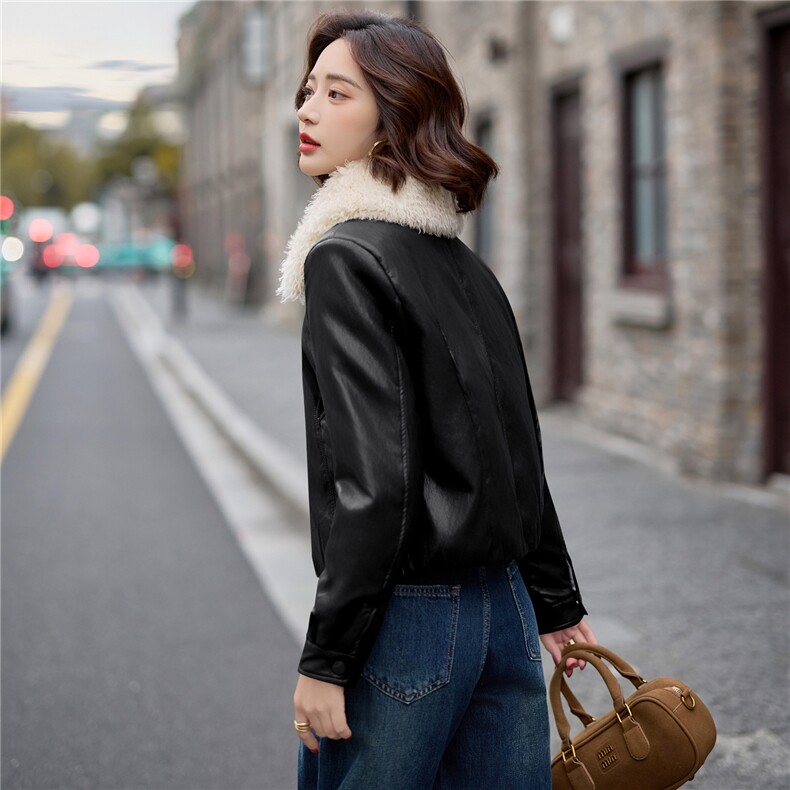 加绒皮衣外套女短款冬季2025新款高级感时髦通勤休闲夹克毛领上衣,女装皮衣,美拉德工厂直营店