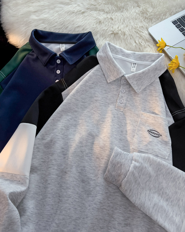 港风秋款男POLO领卫衣字母印花拼色卫衣夹克休闲外套WY45P45,男装卫衣,星座1013-1