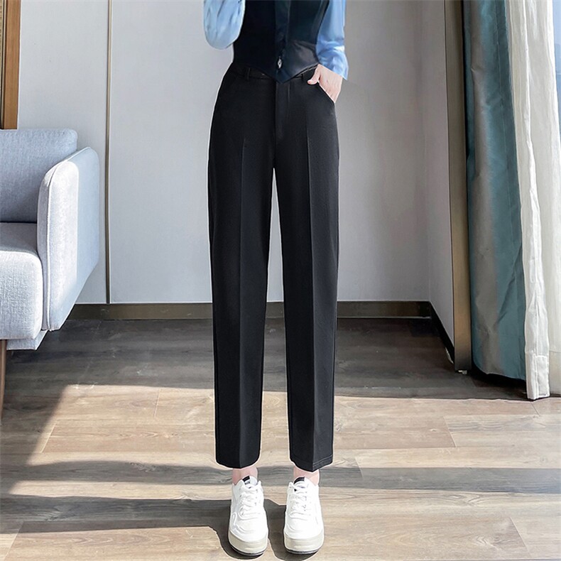 藏青色九分直筒西装裤女2025秋季新款高腰显瘦小个子法棍裤,女装休闲裤,云美莎专业女裤-全店现货