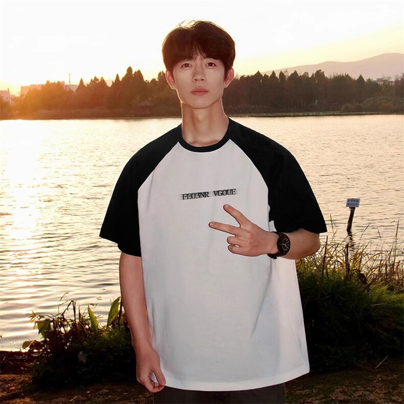 抖音得物高品质二开240克宽松纯棉美式潮牌插肩袖拼接短袖T恤，男装T恤，电商A486