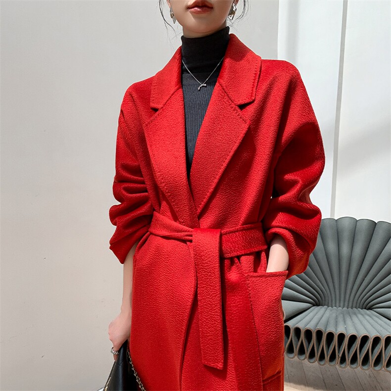 玫瑰紫高端水波纹双面羊绒大衣女长款系带浴袍款秋冬赫本毛呢外套,女装双面呢大衣,荣图大衣