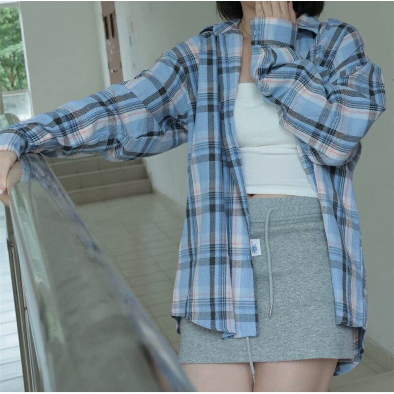 D2962-P45港风复古格子衬衫女宽松设计感小众休闲上衣长袖衬衣图片