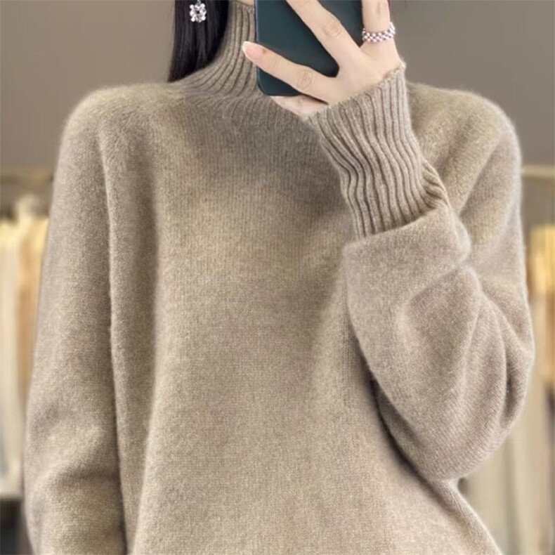 2025秋冬100%纯羊毛衫女高领加厚针织毛衣宽松慵懒羊绒衫打底上衣,女装连衣裙,萱芳婷羊绒