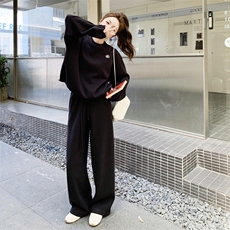 黑色休闲运动卫衣套装女2025秋季新款韩版慵懒风宽松阔腿裤两件套，女装套装/套裙，2C158