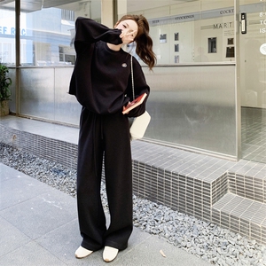 黑色休闲运动卫衣套装女2025秋季新款韩版慵懒风宽松阔腿裤两件套图片