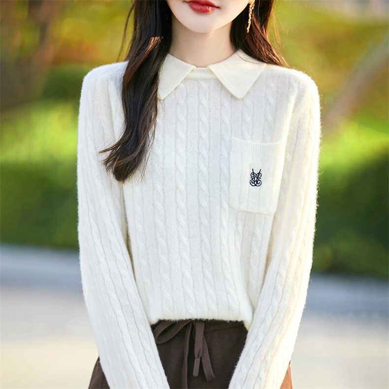 秋冬翻领刺绣扭花羊毛衫女针织打底衫套头长袖毛衣宽松Polo领加厚,女装羊毛衫,暖烁羊绒