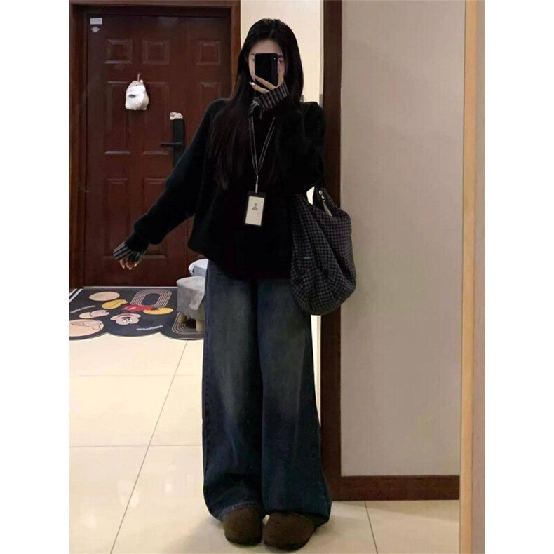 一整套穿搭韩系复古黑色V领套头针织衫毛衣女学生+蓝色格纹衬衫潮,针织衫/毛衣,星座506A