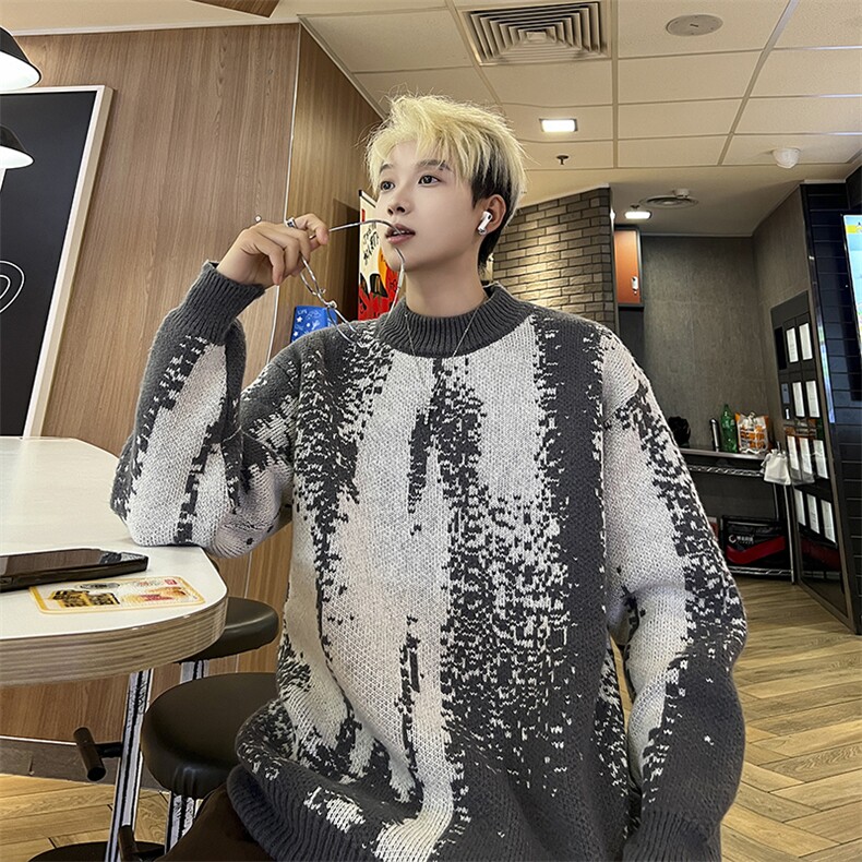 2024新款水墨渐变痞帅宽松毛衣圆领套头针织衫潮牌现货W8417-P45，男装针织衫/毛衣，星座512-4