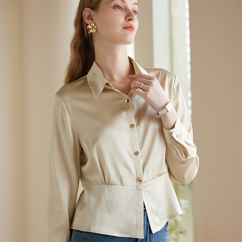 七分袖简约气质小收腰显瘦优质版型丝光法式衬衫，女装衬衫，澳冬特羊绒