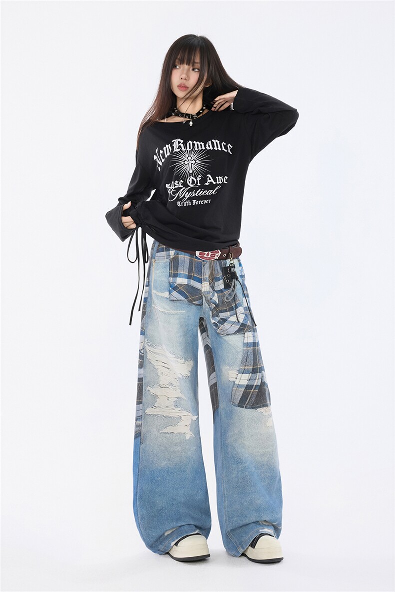 美式高街格子衬衫印花牛仔裤男女宽松直筒阔腿裤拖地裤YD9065-P78,男装衬衫,星座509