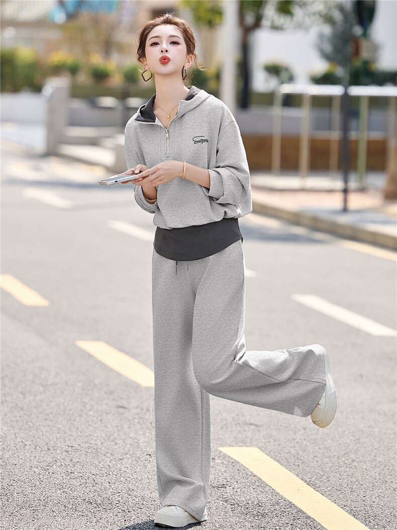 连帽卫衣阔腿裤套装女早春季2026新款时髦洋气拼色休闲运动两件套,女装套装/套裙,丽影随形