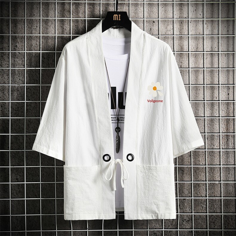HF59059-P40风汉服男开衫外套七分袖道袍网格挂拍,男装民族服装,电商A040A