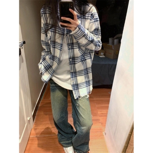 【有货】cleanfit毛边黑白格子衬衫设计感破坏衬衣C909LL-特P50图片