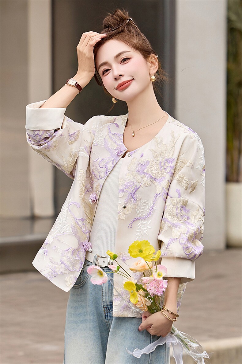 2025春夏季新款紫色重工刺绣提花蕾丝防晒衣新中式国风短款外套女,女装短外套,伊仟回