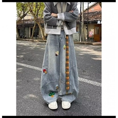 超火蘑菇刺绣牛仔裤女男设计感美式水洗复古高腰显瘦阔腿拖地裤，男装牛仔裤，星座516A