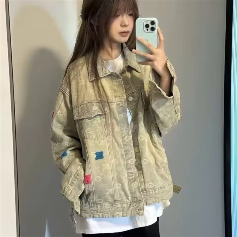 做旧牛仔外套男女宽松秋季款ins刺绣提花夹克黄泥色翻领JK313,男装工装外套,星座516A