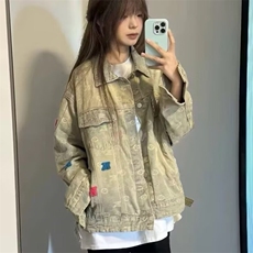 做旧牛仔外套男女宽松秋季款ins刺绣提花夹克黄泥色翻领JK313，男装工装外套，星座516A