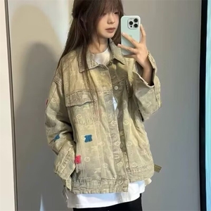 做旧牛仔外套男女宽松秋季款ins刺绣提花夹克黄泥色翻领JK313图片