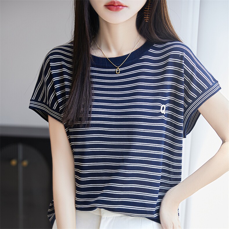 夏季圆领撞色条纹莱赛尔天丝刺绣字母短袖T恤女套头针织半袖上衣，女装针织衫/毛衣，郡淞羊绒