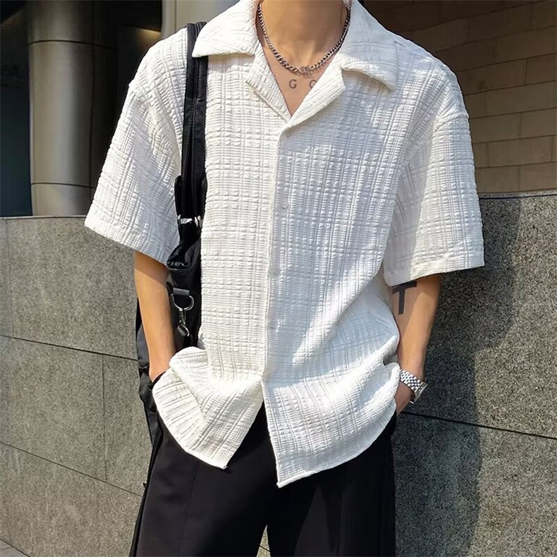 百搭肌理感提花短袖衬衫男夏季潮牌痞帅高级感休闲男装古巴领衬衣，男装衬衫，星座506A