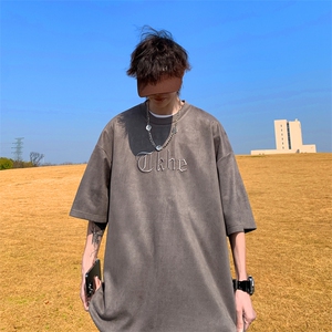 240克麂皮绒短袖T恤大码宽松重磅刺绣男T 109-T2311-P32图片