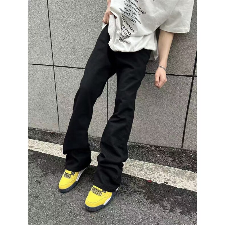 黑色高腰牛仔裤男女款弹力显瘦裤子修身直筒微喇裤美式HK2 P43图片
