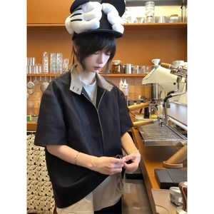 XZ1005-1-TTH601-P58现货威尔士亲王千鸟格哈灵顿短袖衬衫设计感