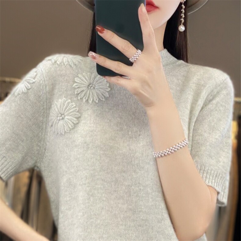 23夏季新款短袖女半高领绣花T恤纯色宽松套头针织打底衫,女装羊毛衫,北娇羊绒