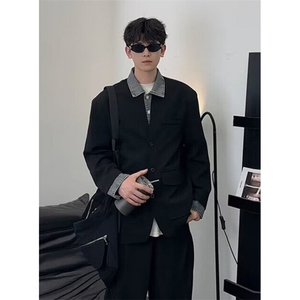 假两件牛仔西装外套男春潮牌拼接西服立领夹克高街休闲 JK288图片