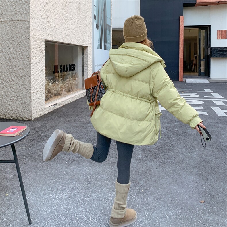 现货【90%白鸭绒】冬季新款宽松休闲立领连帽新g标90中长款羽绒服,女装羽绒服,韩然一族
