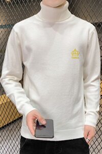 秋冬可翻高领毛衣男皇冠纯色长袖男刺绣毛衫打底针织衫白M253P33图片
