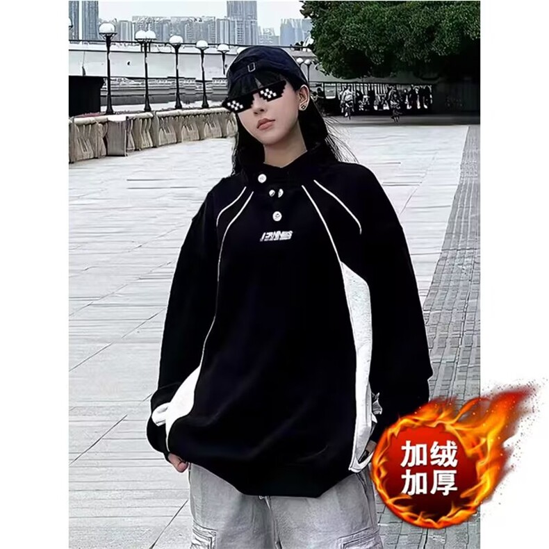 JRY30-加绒P60 2025美式复古运动撞色加绒卫衣男女休闲日系百搭图片