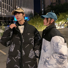 卡通印花小怪兽皮卡丘情侣学生短款轻薄拼色得物羽绒服男，男装羽绒服，星座301D-5(原星座1415）