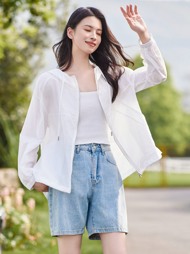【现货】白色连帽防晒服女2024夏季清薄纯色凉感外套,女装防晒衣,梦懿尔
