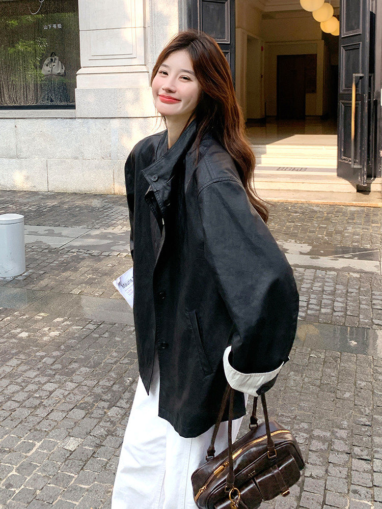 黑色韩版潮酷炸街格子拼接皮衣外套女2025秋季新款中长款pu皮夹克,女装皮衣,2D034