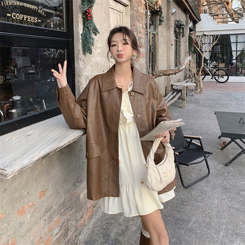 皮衣外套女中长款2025年春秋新款韩版宽松大码休闲机车服夹克上衣,女装皮衣,简古