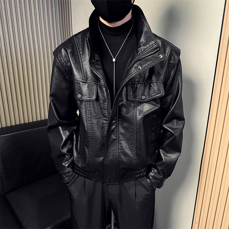 立领中短款韩版潮流时尚皮衣皮夹克男A368-J017-P158,男装皮衣,电商A368