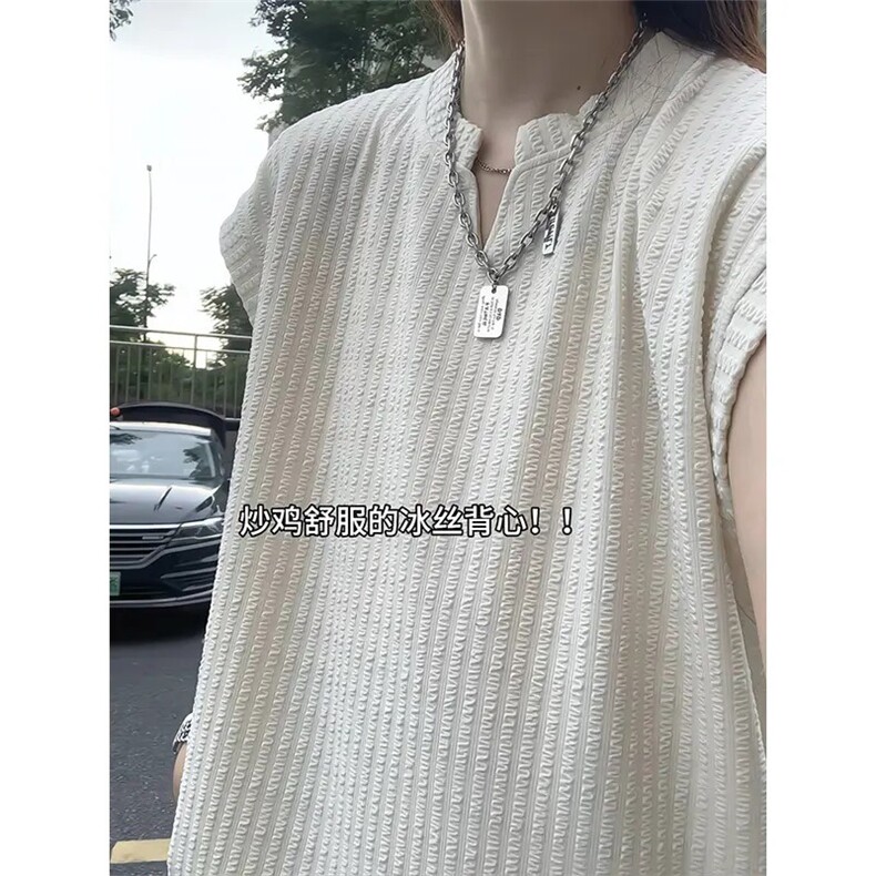 白色V领冰丝背心女夏薄款外穿运动健身无袖t恤肌理感坑条坎肩汗衫,男装背心/马甲,星座1005-4