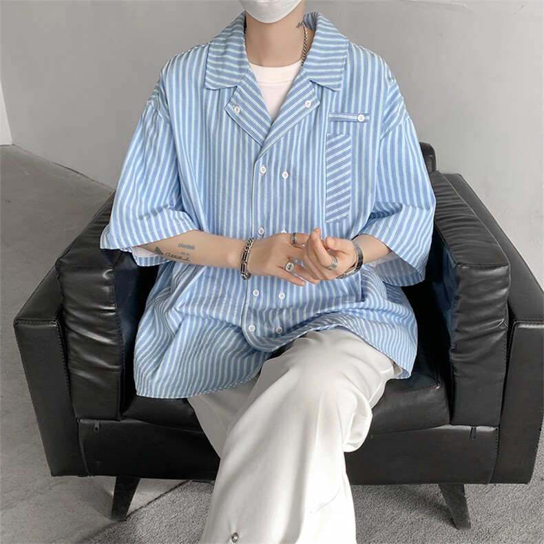 春夏英伦学院风青春男大竖条纹短袖衬衫翻领外套口袋设计短袖P40,男装衬衫,电商B319