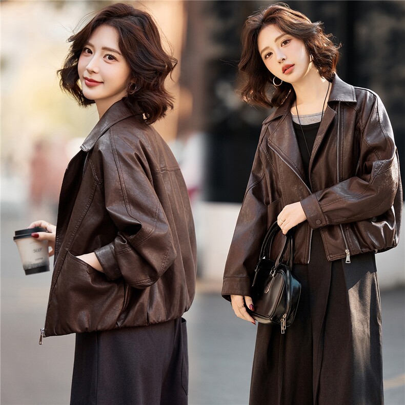 妖精的口袋复古棕色皮衣女2026春秋季新款高级感甜酷短款夹克外套，女装皮衣，江南女神