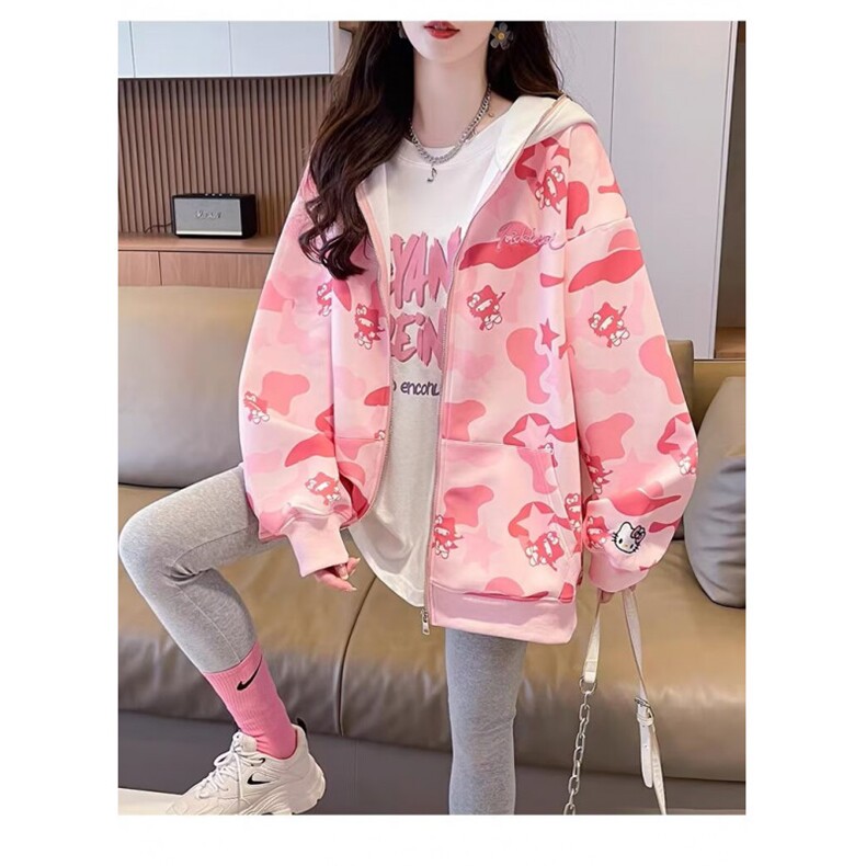 美式潮牌满印可爱凯蒂猫连帽卫衣女秋冬季慵懒风oversize开衫外套,女装短外套,星座506A