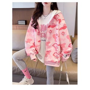 美式潮牌满印可爱凯蒂猫连帽卫衣女秋冬季慵懒风oversize开衫外套图片