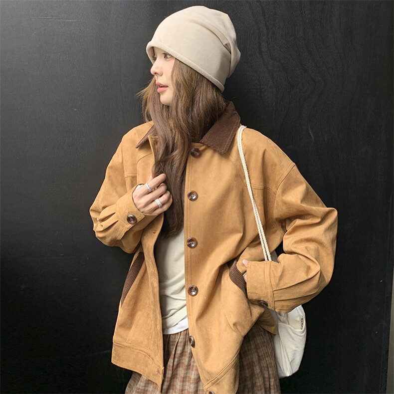 撞色拼接麂皮绒短外套女2025春季新款复古设计感休闲百搭工装夹克,女装短外套,鑫慧
